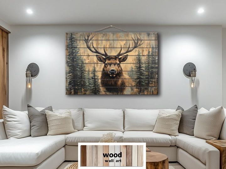 Rustic Elk In Pine Trees Distressed Wood Wall Art