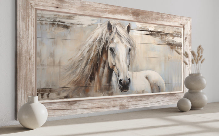 Rustic Farm Horse Painting On Distressed Wood Framed Canvas Wall Art