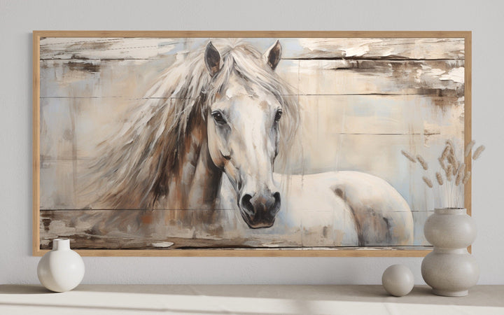 Rustic Farm Horse Painting On Distressed Wood Framed Canvas Wall Art