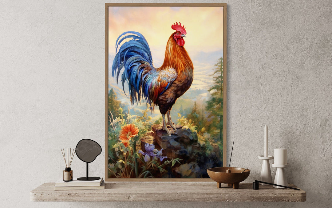 Rustic Farm Rooster Painting Framed Kitchen Wall Decor