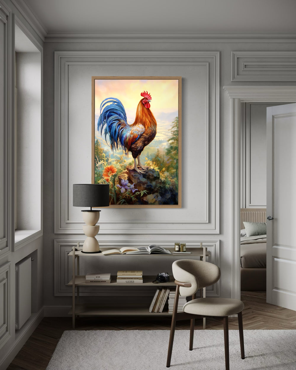 Rustic Farm Rooster Painting Framed Kitchen Wall Decor