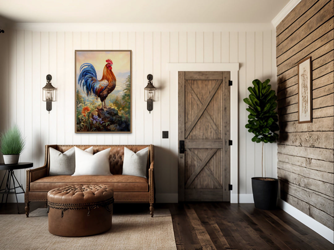 Rustic Farm Rooster Painting Framed Kitchen Wall Decor