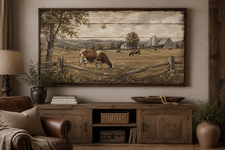 Rustic farmhouse wall art featuring cows grazing in a pastoral landscape on a wood-look canvas.