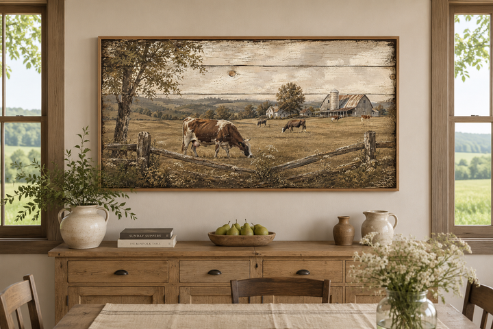 Rustic farm wall art with cows grazing in a pastoral landscape, displayed above a wooden sideboard.