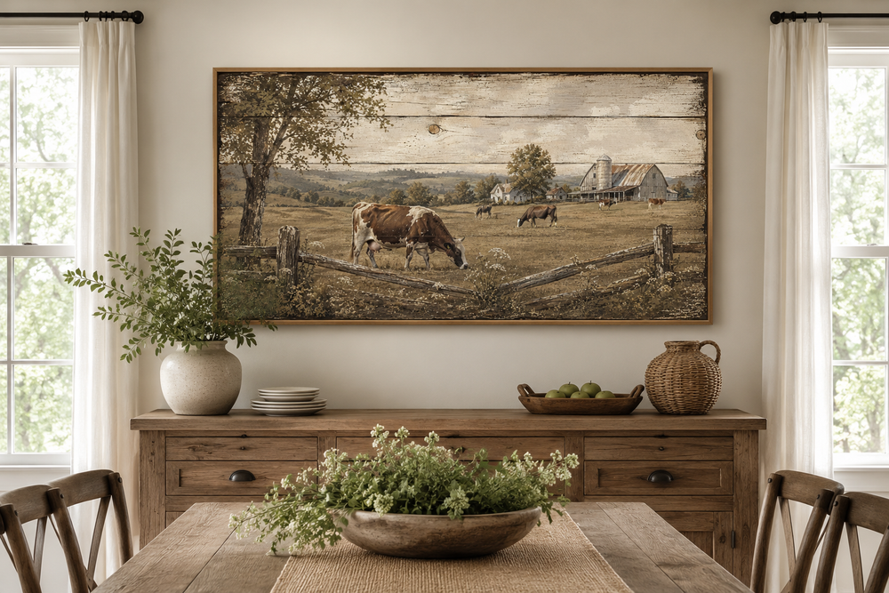 Rustic farmhouse wall art featuring cows grazing in a pastoral landscape on a wood-look canvas.