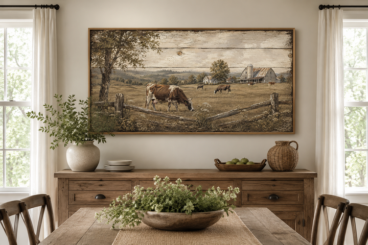Rustic farmhouse wall art featuring cows grazing in a pastoral landscape on a wood-look canvas.