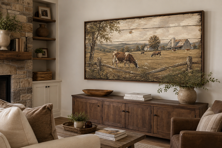 Rustic farmhouse wall art featuring a pastoral landscape with cows on a wood-look canvas print.