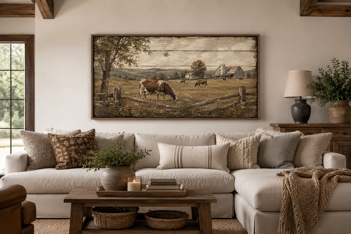 Rustic farm wall art featuring grazing cows in a pastoral landscape above a neutral sofa.