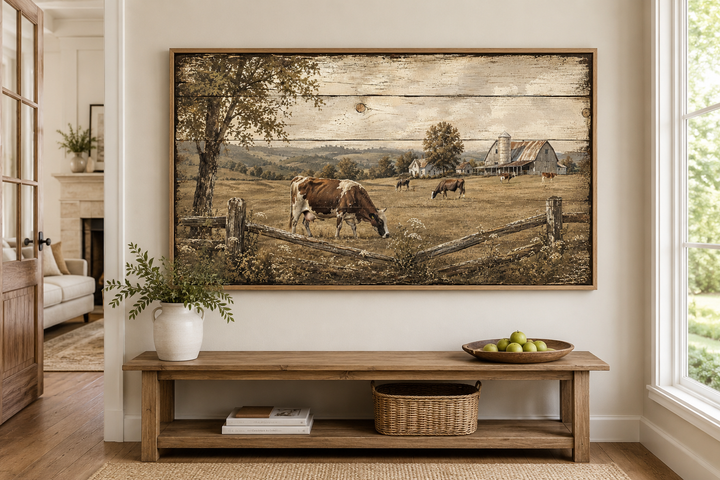 Rustic farmhouse wall art featuring cows grazing in a pastoral landscape on a wood-look canvas.