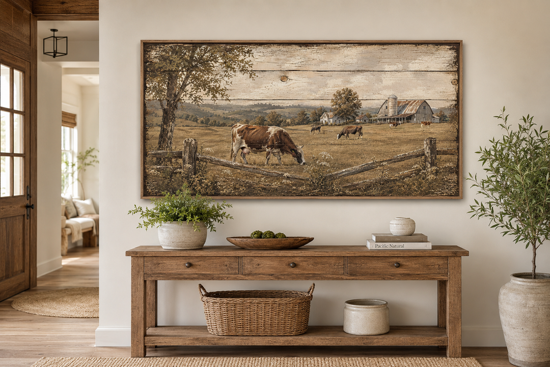 Rustic farmhouse wall art featuring cows grazing in a pastoral landscape on a wood-look canvas.