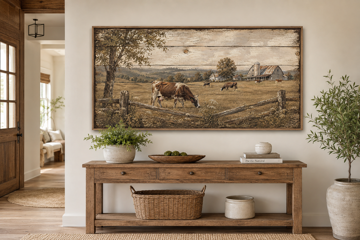 Rustic farmhouse wall art featuring cows grazing in a pastoral landscape on a wood-look canvas.