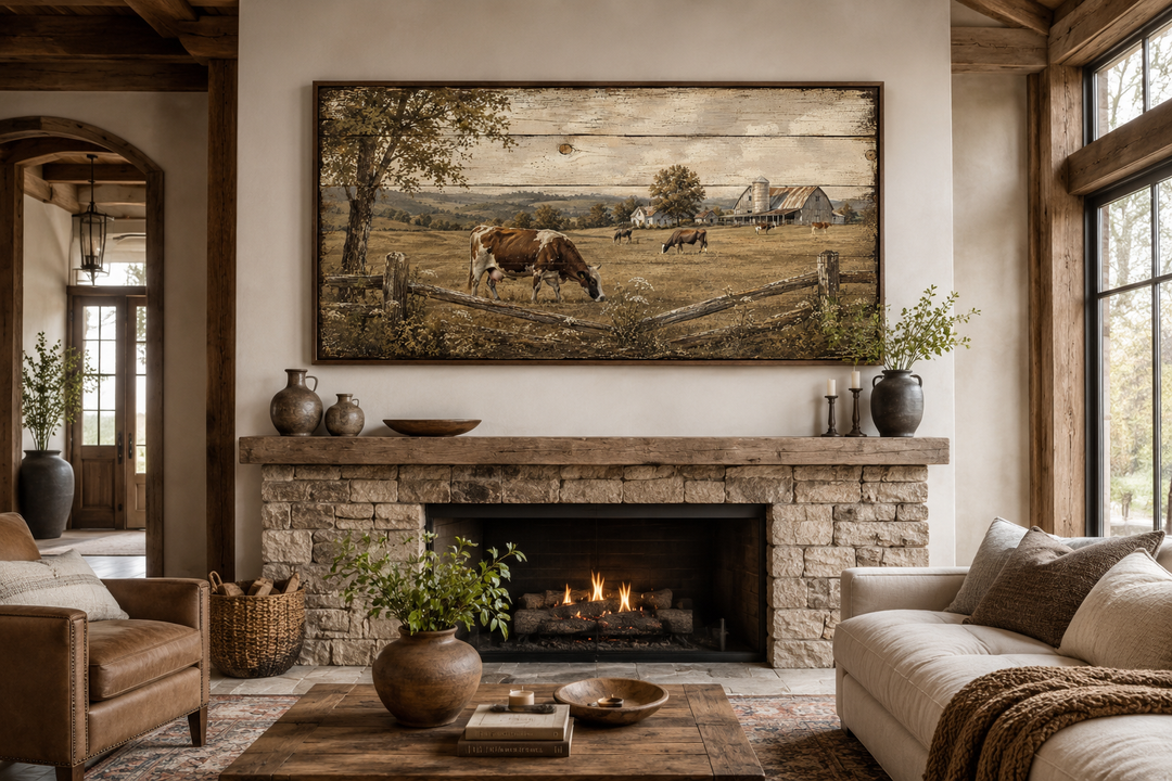 Rustic farm with cows wall art on a wood-look canvas above a stone fireplace in a farmhouse living room.