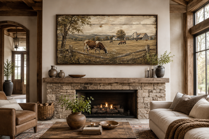 Rustic farm with cows wall art on a wood-look canvas above a stone fireplace in a farmhouse living room.