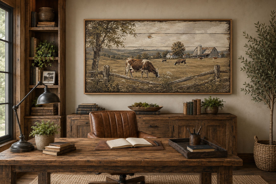 Rustic farm wall art with grazing cows in a pastoral landscape above a wooden desk.