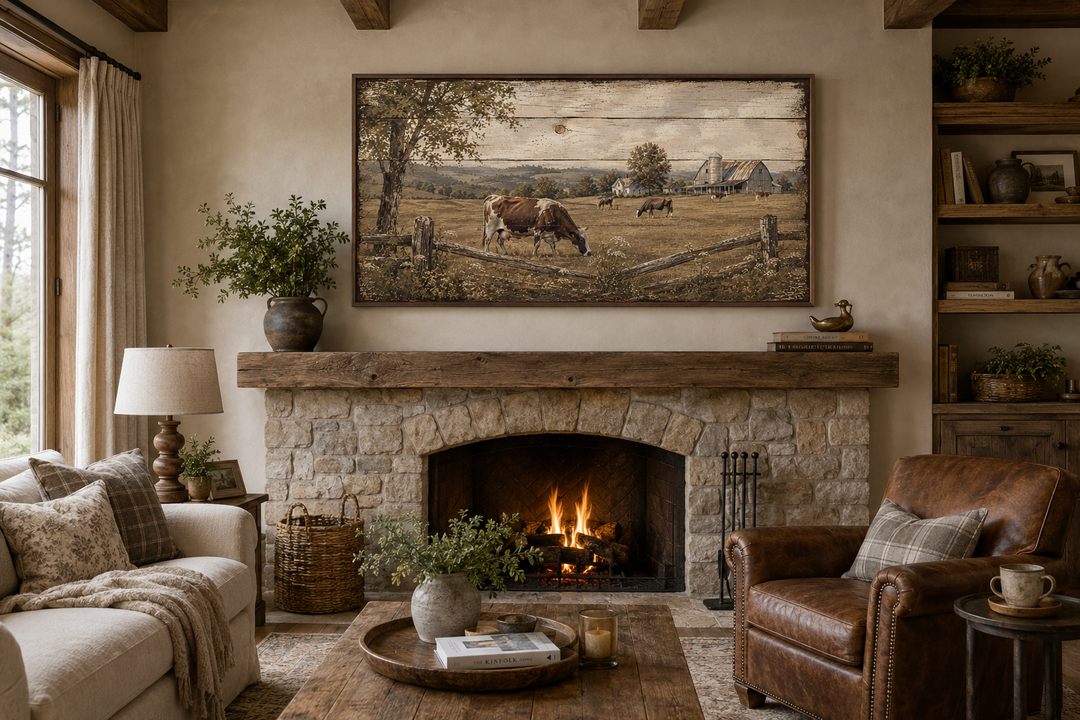Rustic farm wall art with cows grazing in a pastoral landscape above a stone fireplace mantel.