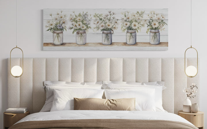 Rustic Farmhouse Flowers In Mason Jars Above Bed Canvas Wall Art