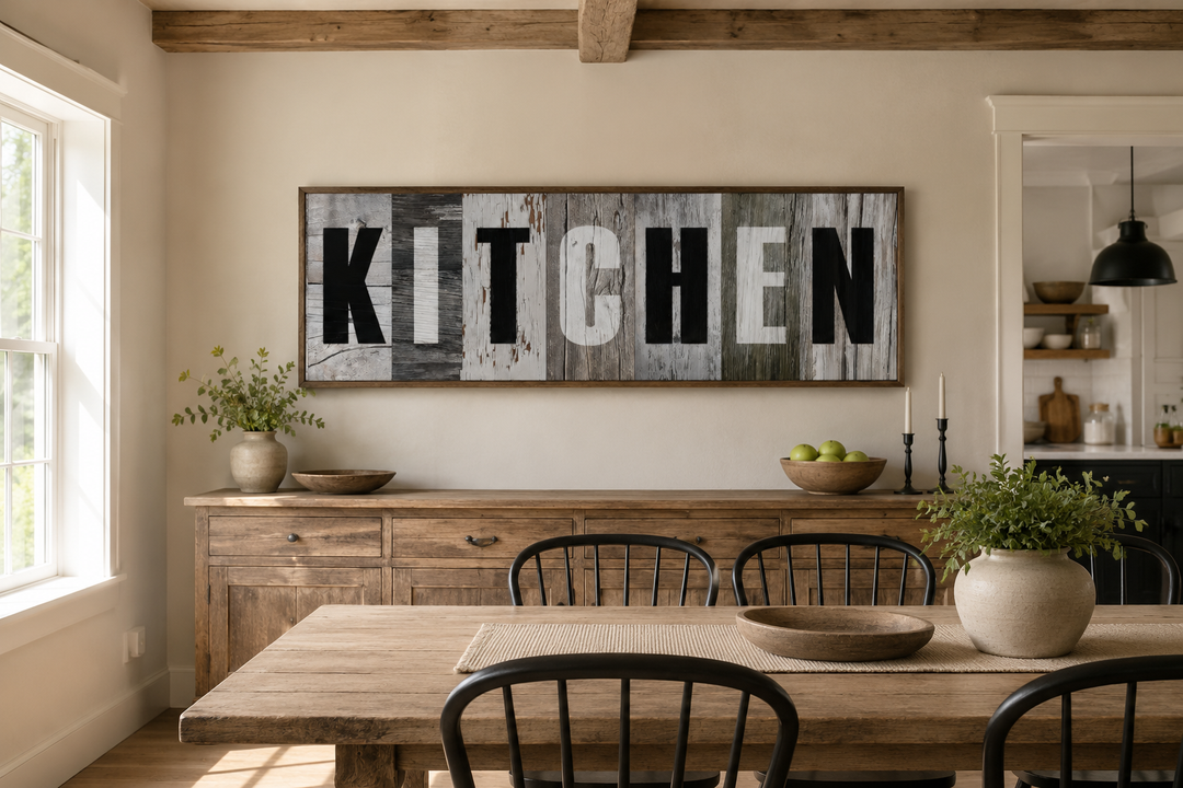 Rustic farmhouse kitchen sign canvas wall decor with bold black lettering on distressed wood print.