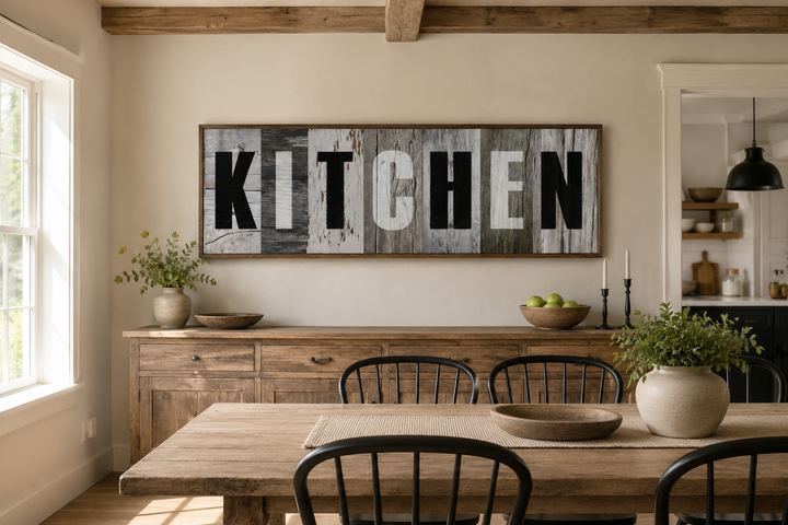 Rustic farmhouse kitchen sign canvas wall decor with bold black lettering on distressed wood print.
