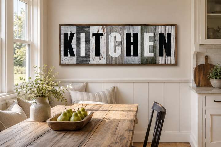 Rustic farmhouse kitchen sign canvas wall decor with bold black lettering on weathered wood print.
