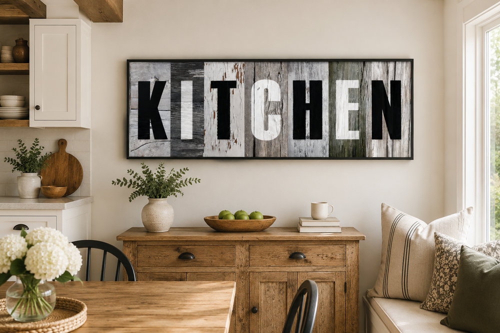Rustic farmhouse kitchen sign canvas wall decor with bold black and white lettering on wood planks.