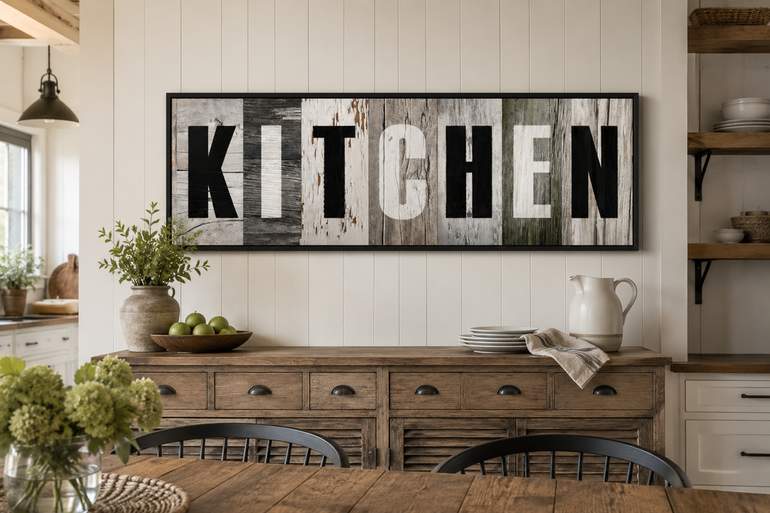 Rustic farmhouse kitchen sign canvas wall decor with bold black and white lettering on wood planks.