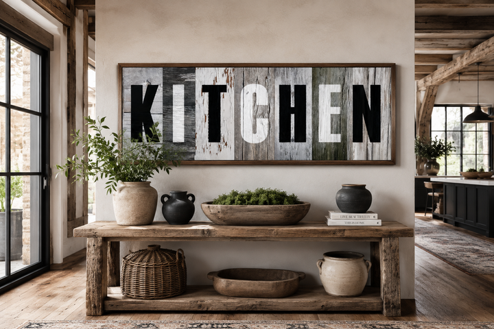 Rustic farmhouse kitchen sign canvas wall decor with bold black lettering on a wood-look background.