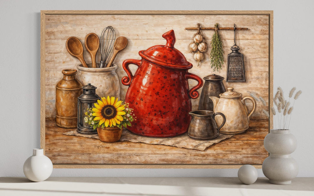 Rustic farmhouse kitchen wall art featuring a red ceramic pot and utensils in a wooden frame.
