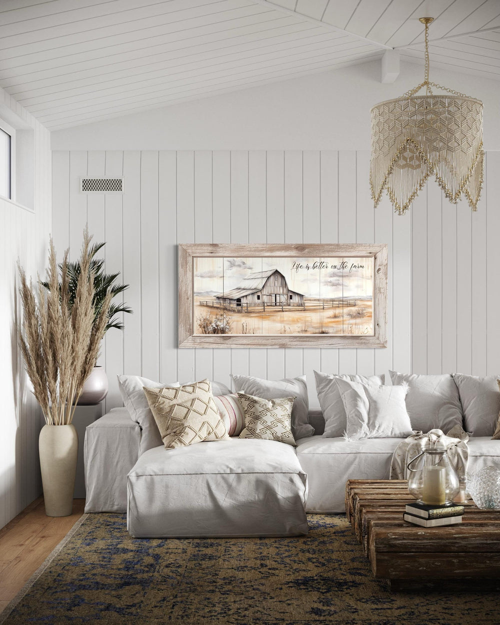 Rustic farmhouse canvas wall art featuring an old barn and 'Life is Better on the Farm' text.