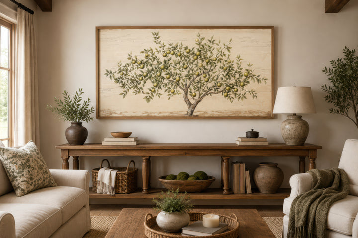 Rustic framed canvas wall art featuring a detailed apple tree with green leaves and yellow fruit.