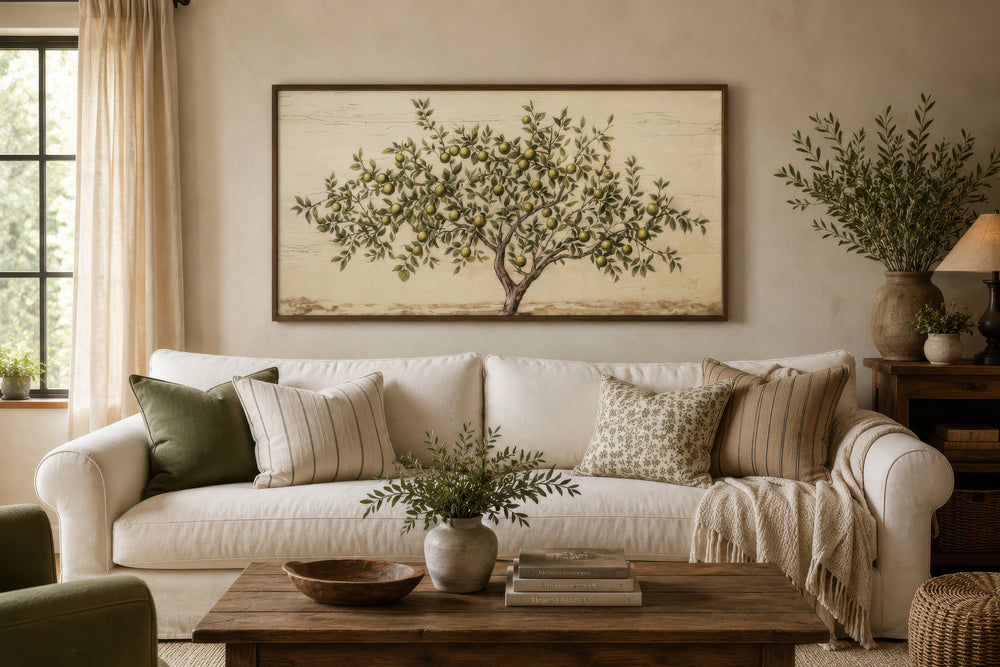 Rustic farmhouse wall art featuring a painted apple tree on canvas above a white sofa.