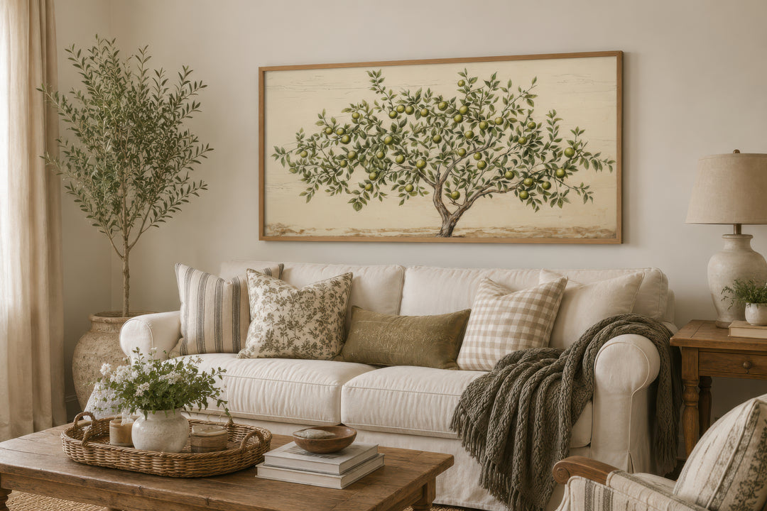 Framed apple tree canvas wall art above a white sofa in a rustic farmhouse living room.