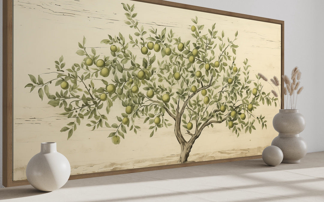 Rustic farmhouse wall art featuring a green apple tree on a textured canvas with a wooden frame.