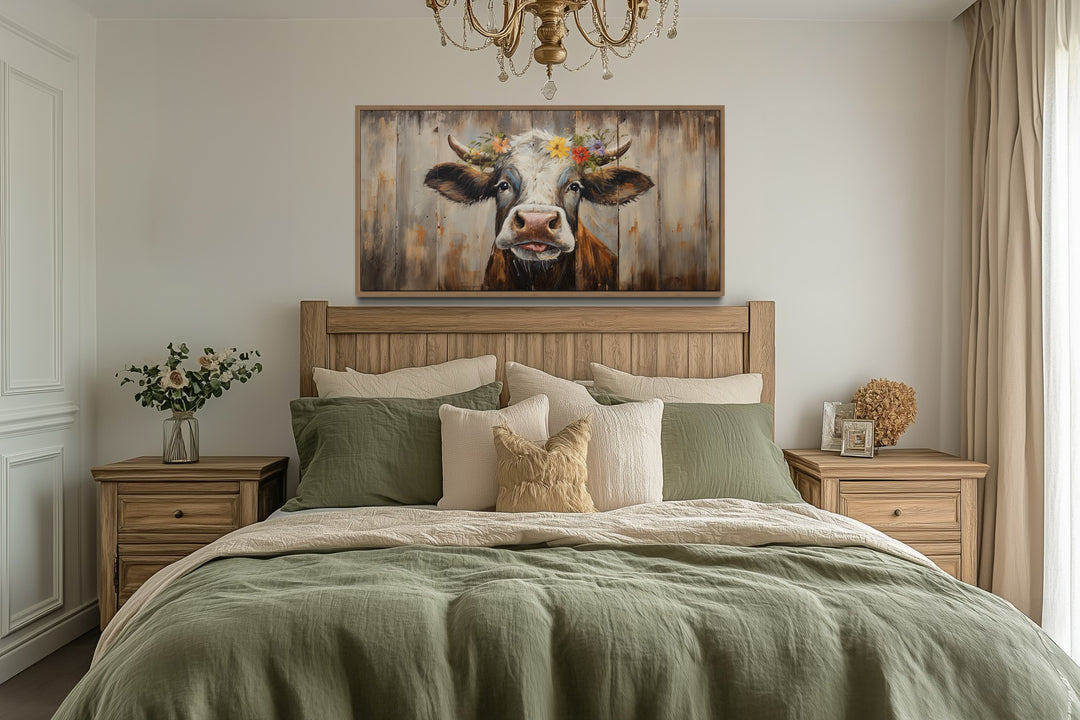Rustic Farmhouse Wall Art – Curious Cow Painting on Wood Framed Canvas Print