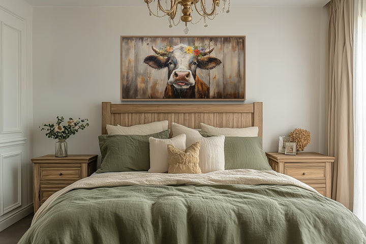 Rustic Farmhouse Wall Art – Curious Cow Painting on Wood Framed Canvas Print