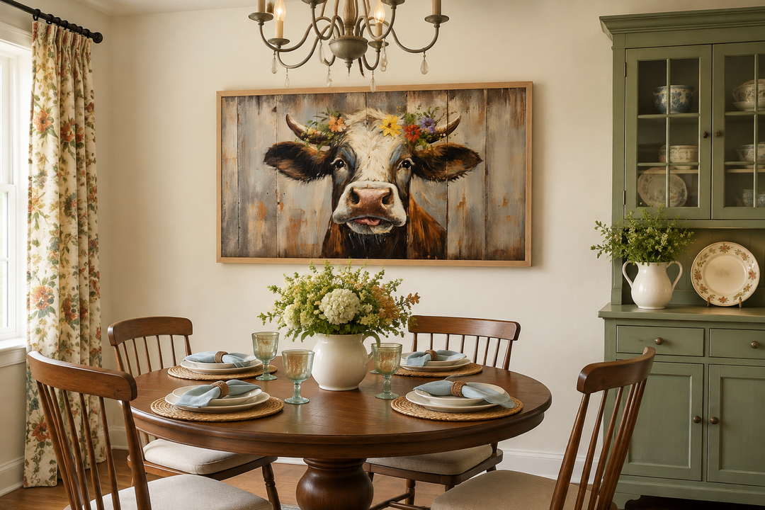 Rustic farmhouse wall art featuring a curious cow with a floral crown on a wood framed canvas print.