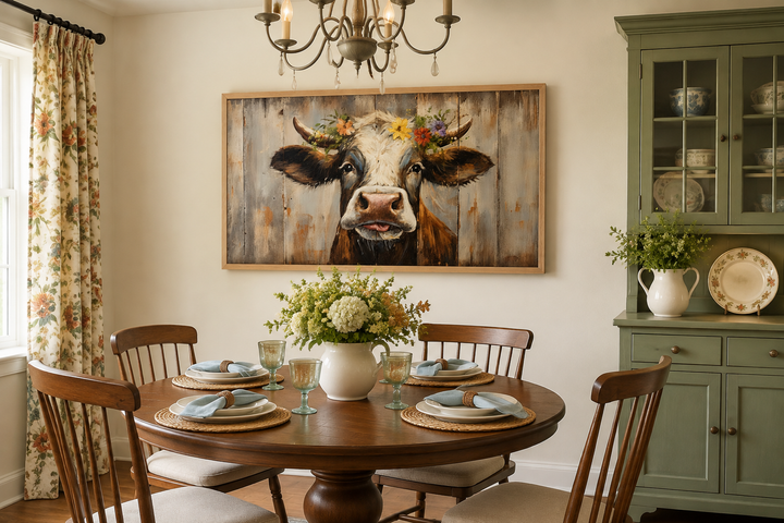 Rustic farmhouse wall art featuring a curious cow with a floral crown on a wood framed canvas print.