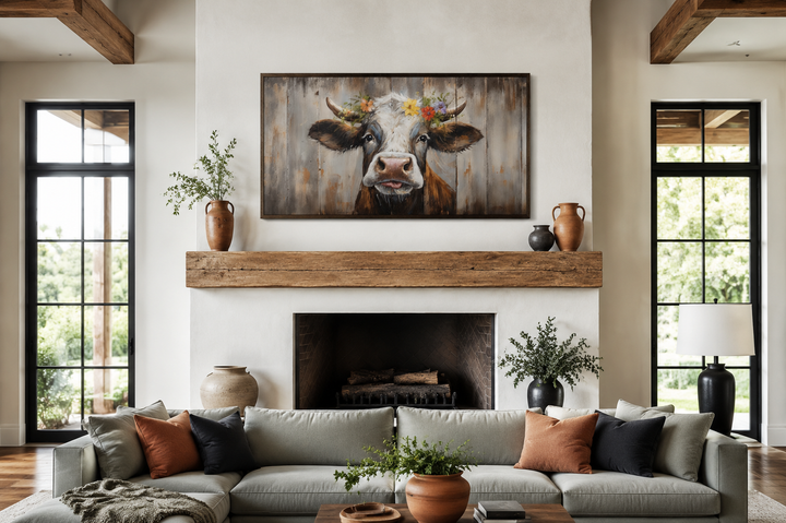 Rustic farmhouse wall art featuring a curious cow with a floral crown on a wood framed canvas.