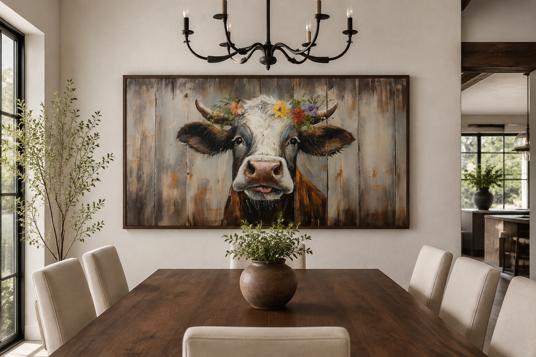 Rustic farmhouse wall art featuring a curious cow with a floral crown on a wood framed canvas.