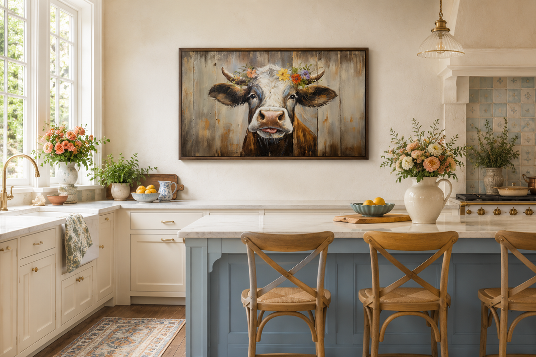Rustic farmhouse wall art featuring a curious cow with a floral crown on a wood framed canvas.