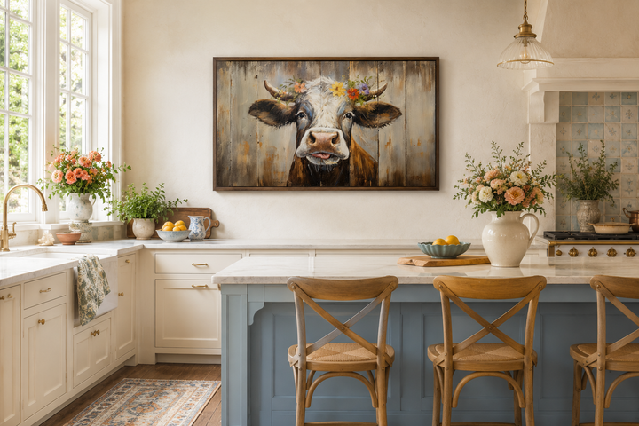 Rustic farmhouse wall art featuring a curious cow with a floral crown on a wood framed canvas.