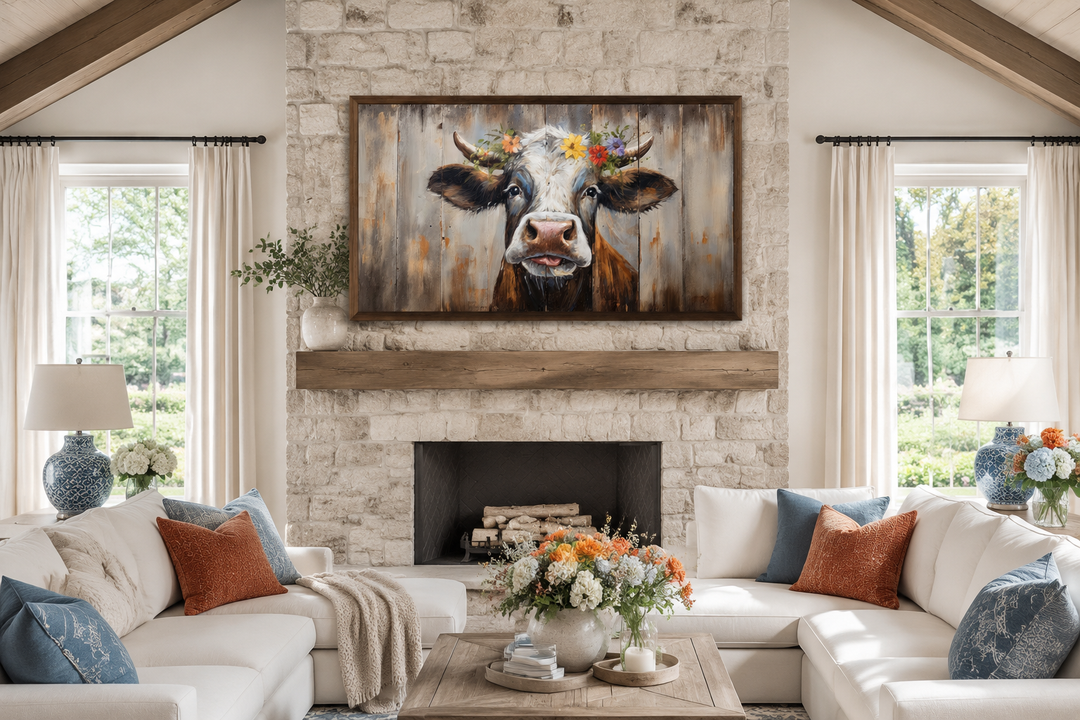 Rustic farmhouse wall art featuring a curious cow painting with a floral crown on wood framed canvas