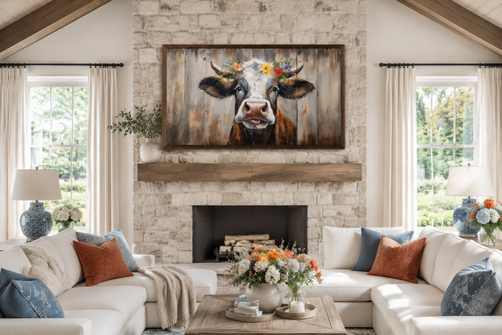 Rustic farmhouse wall art featuring a curious cow painting with a floral crown on wood framed canvas