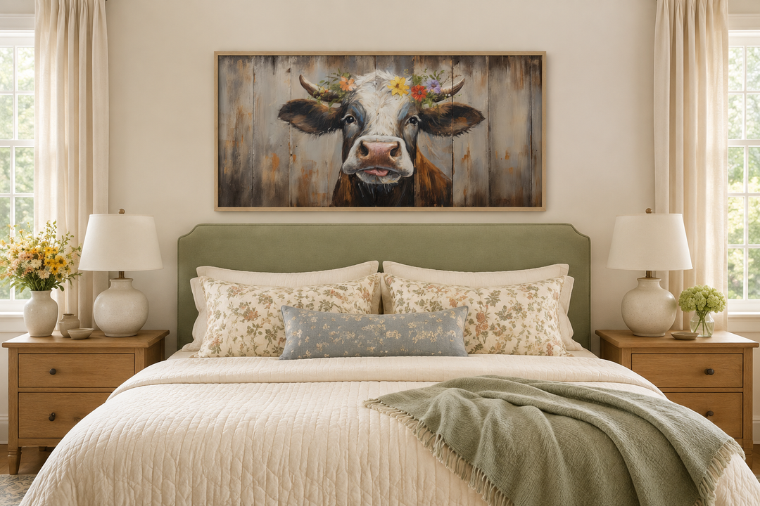 Rustic framed canvas print of a curious cow with a floral crown hanging above a bed.