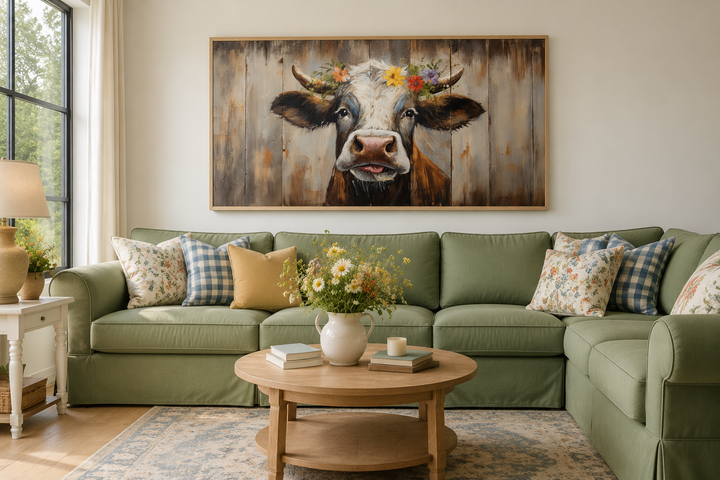 Rustic farmhouse wall art featuring a curious cow with a floral crown on a wood-framed canvas.