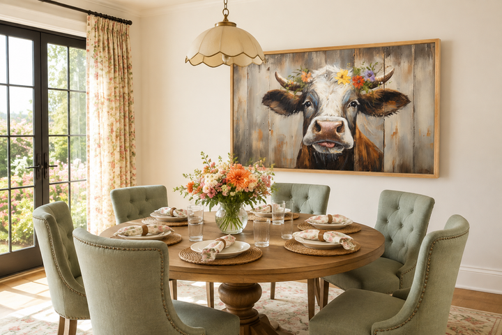 Rustic farmhouse wall art featuring a curious cow with a floral crown on a wood framed canvas.