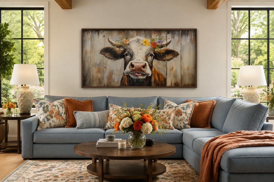 Rustic farmhouse wall art featuring a curious cow with a floral crown on a wood-framed canvas.