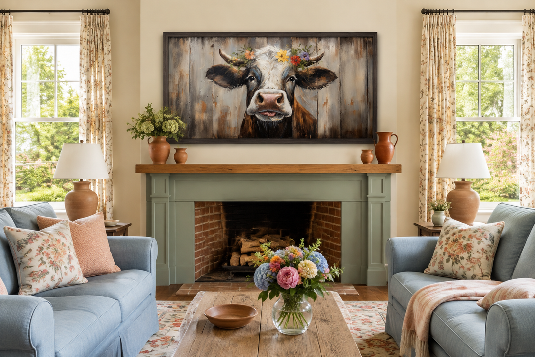 Rustic framed canvas print of a curious cow with a floral crown above a green fireplace mantel.
