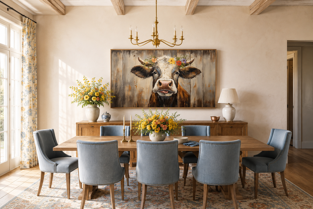Rustic farmhouse wall art featuring a curious cow with a floral crown on a wood framed canvas.