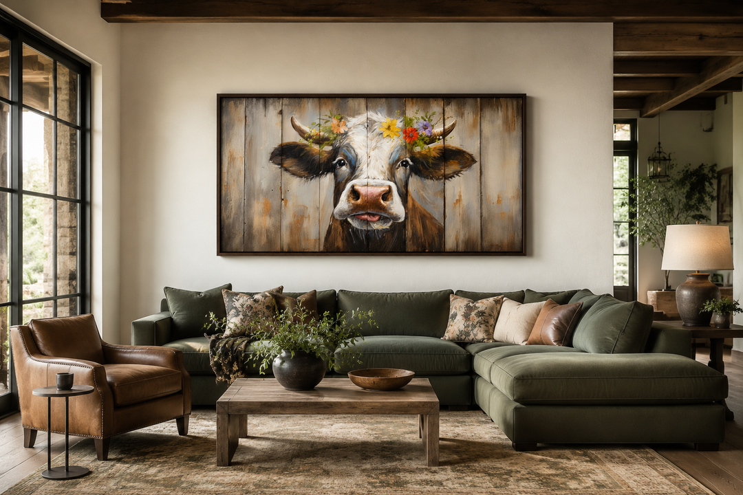 Rustic farmhouse wall art featuring a curious cow with a floral crown on a wood framed canvas.