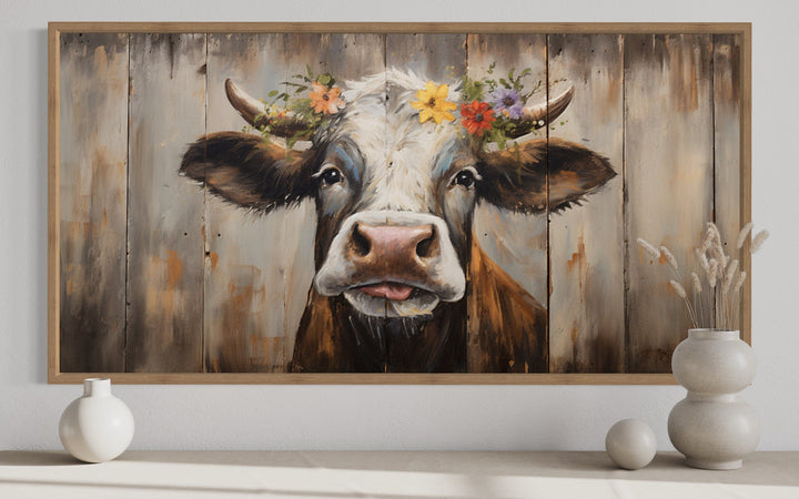 Rustic Farmhouse Wall Art – Curious Cow Painting on Wood Framed Canvas Print